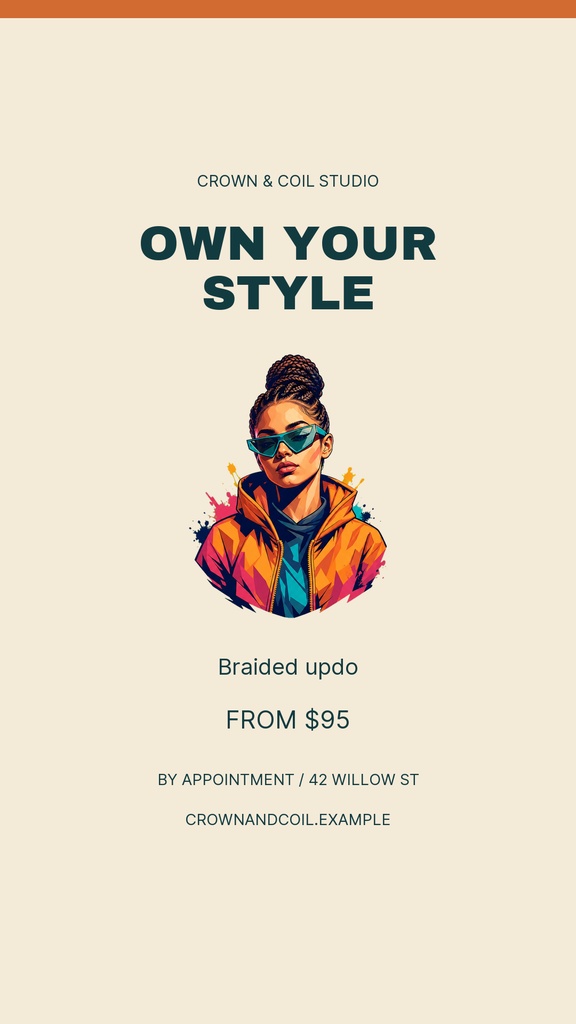 Instagram story template with bold title, illustrated portrait, braided updo text, and salon pricing details.