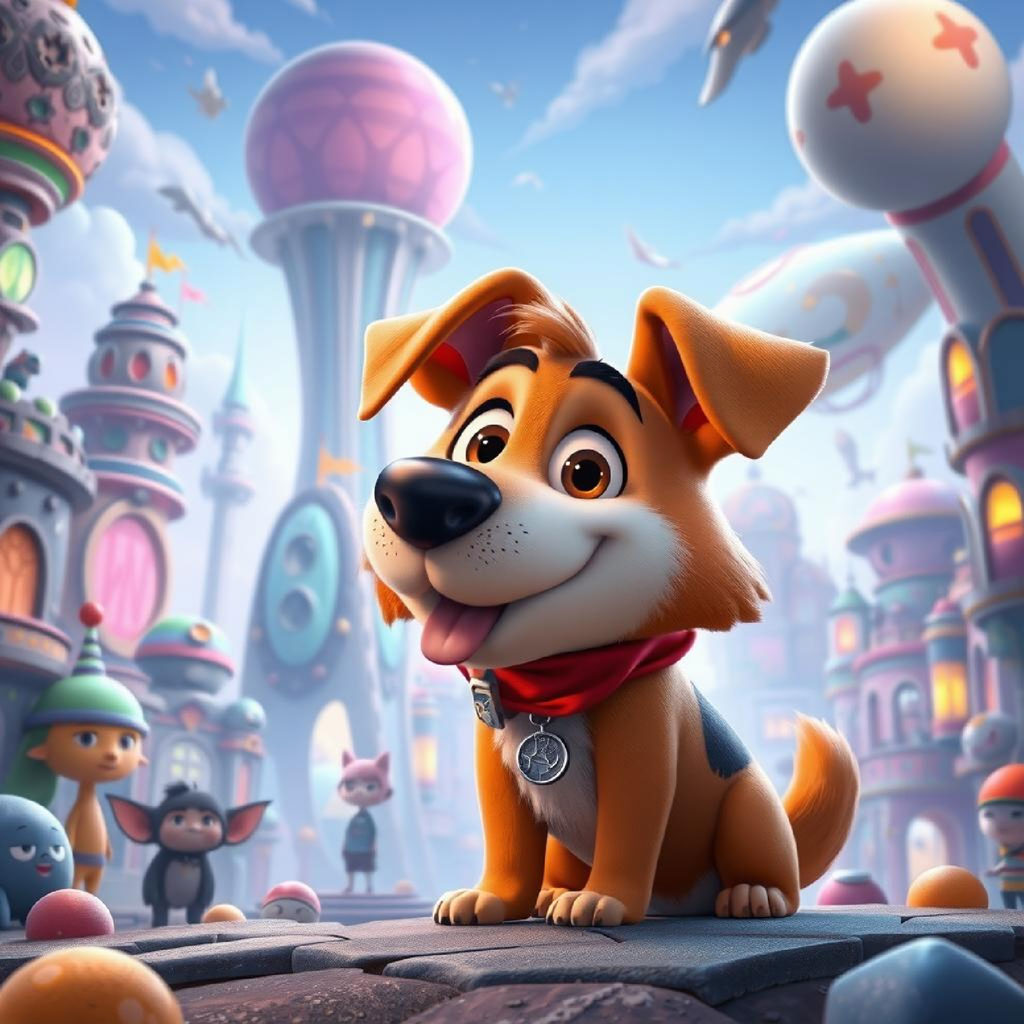 A cartoon boy standing in a fantasy city with various creatures around him.