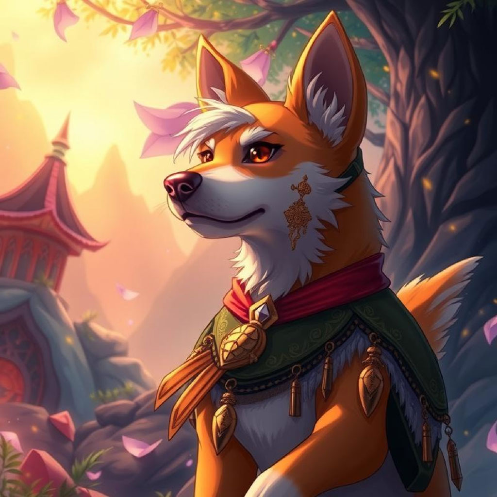 Two anime girls with wings and flowing hair standing near a stone structure with pink blossoms.