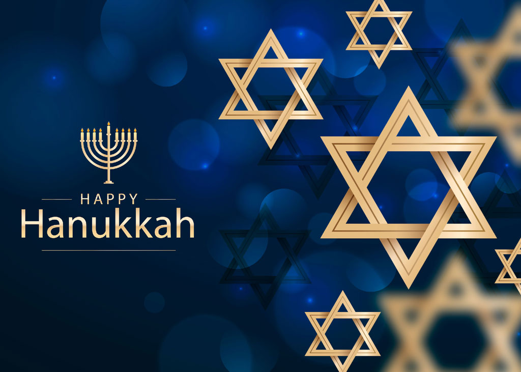 Hanukkah greeting with gold Stars of David and a menorah on a blue background