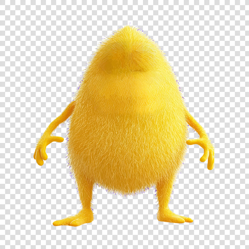 A bright yellow, fuzzy creature with a rounded body and limbs.