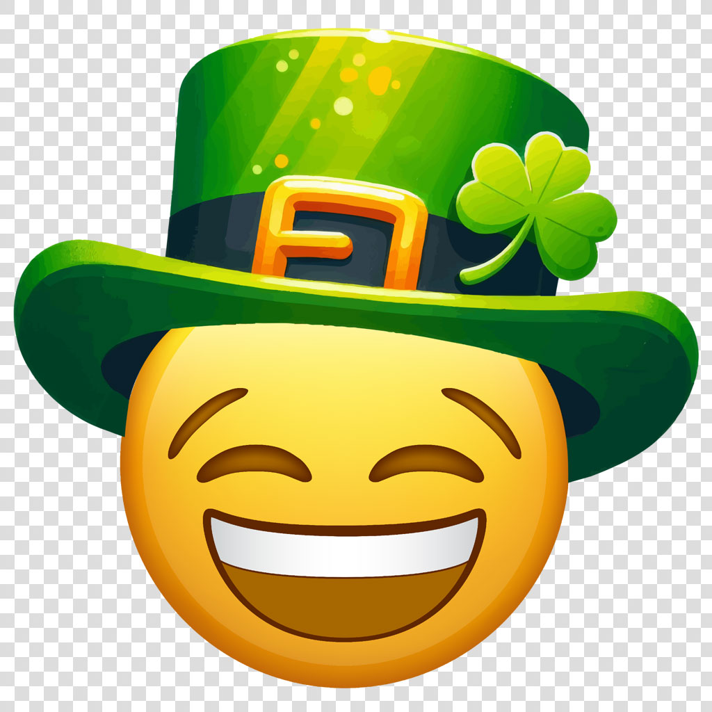 Smiling emoji with green top hat and shamrock