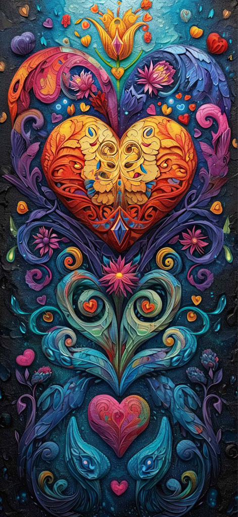 A vibrant, detailed artwork with hearts and flowers.