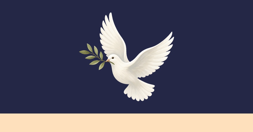 White dove carrying an olive branch on a dark blue background with a beige band at the bottom.