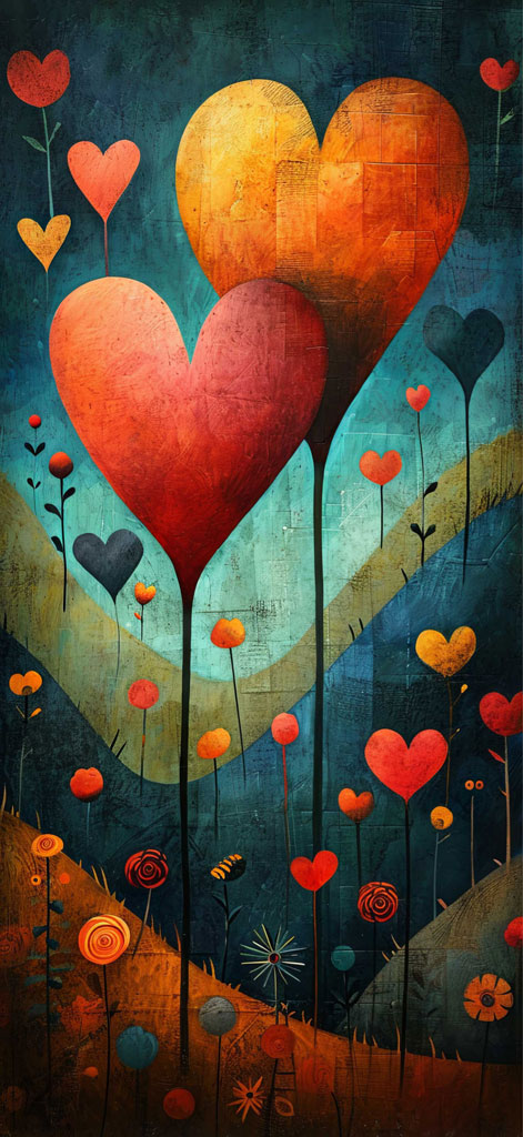 A digital artwork with large red and orange hearts surrounded by smaller heart-shaped flowers.