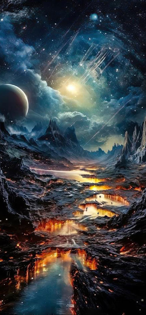 A digital artwork showing a rugged, rocky terrain with lava flows and a celestial sky.