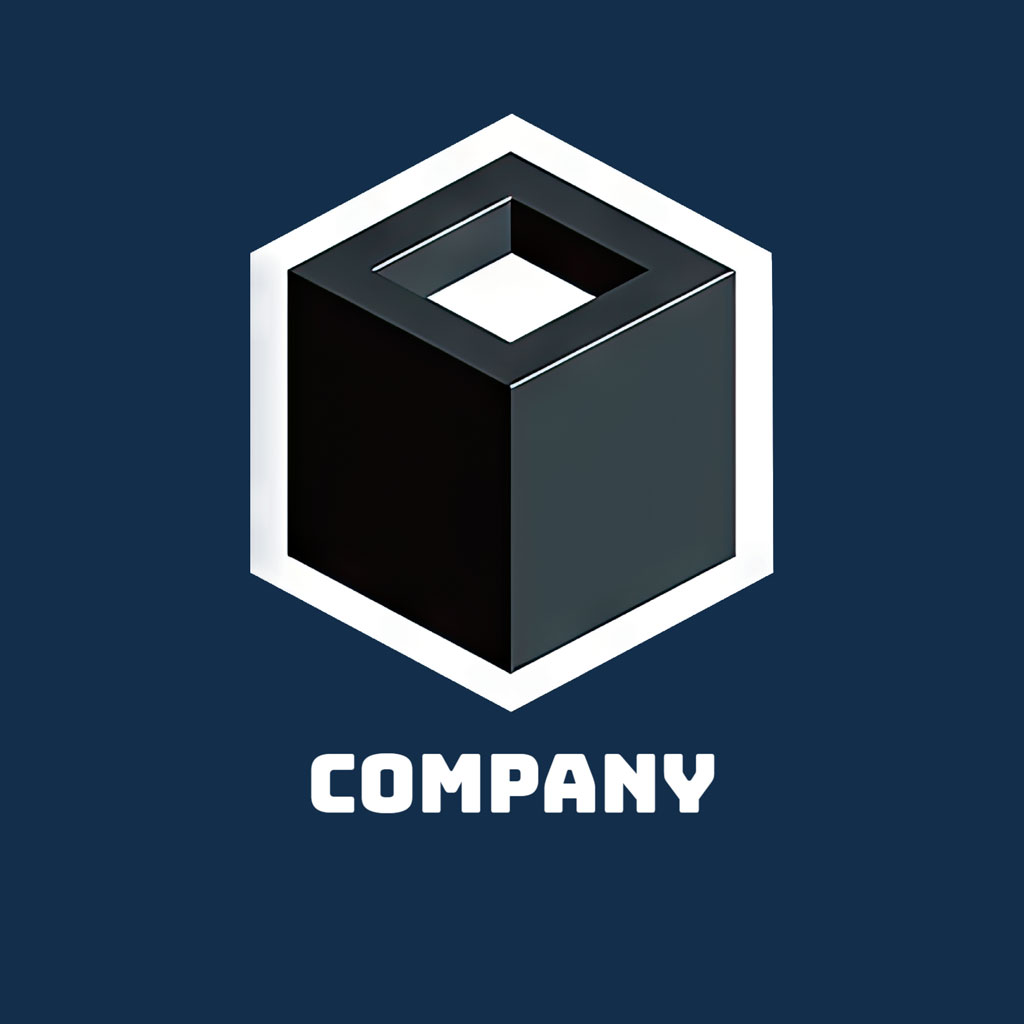A 3D cube logo with a hollow center on a dark blue background