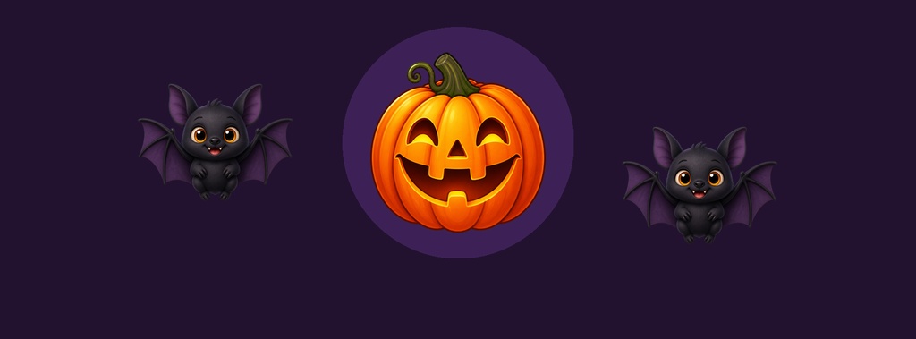 Jack-o-lantern centered on a dark purple background with two bats on each side.