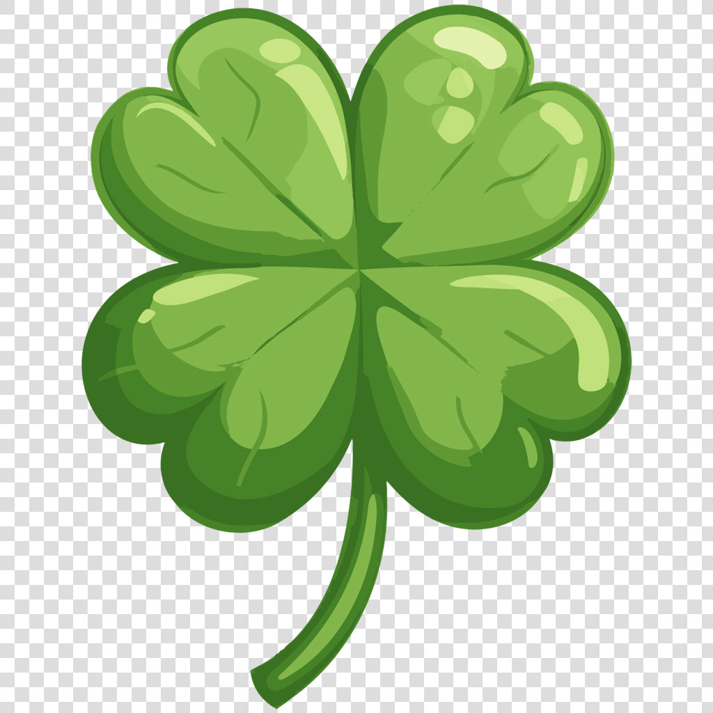 A shiny green four-leaf clover with a stem