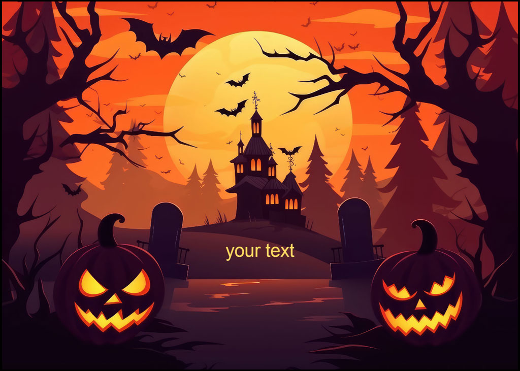 Halloween illustration with pumpkins and a haunted mansion