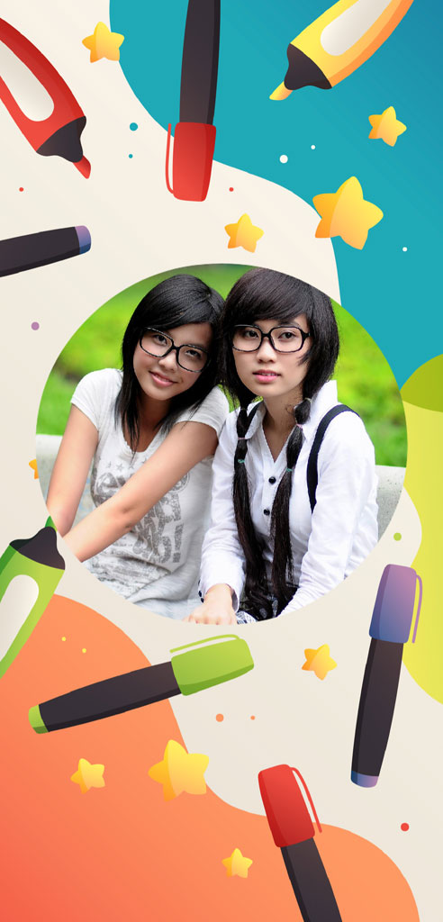 Two young girls smiling together, surrounded by colorful markers and stars.