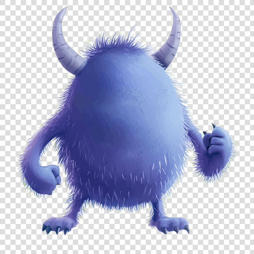 A blue, furry monster with horns and sharp claws on a white background