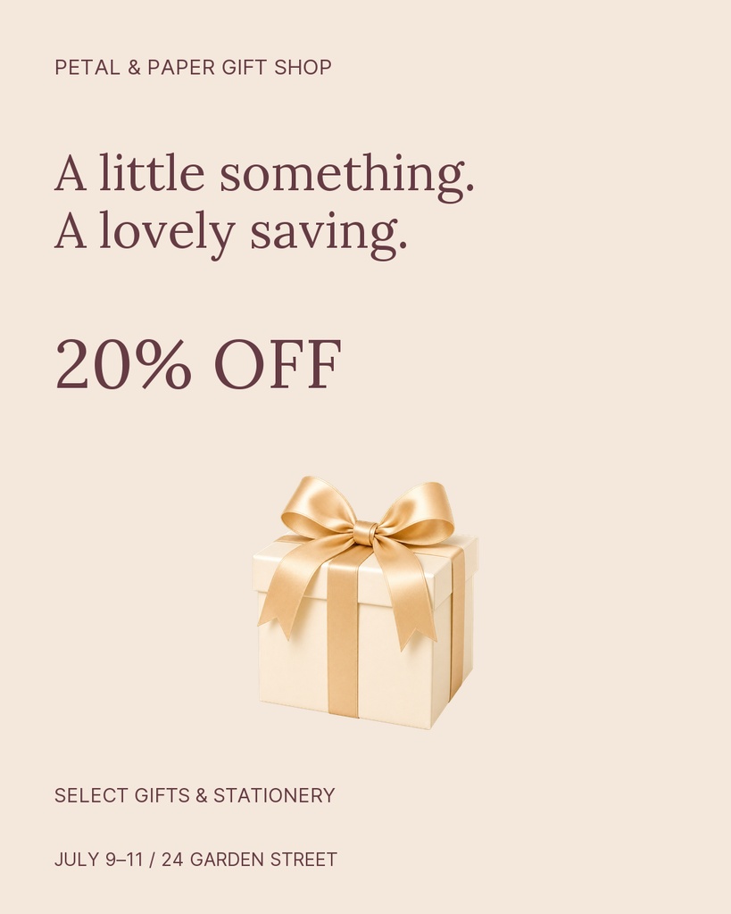 Portrait post with beige background, sale text, and a wrapped gift box with a gold ribbon.