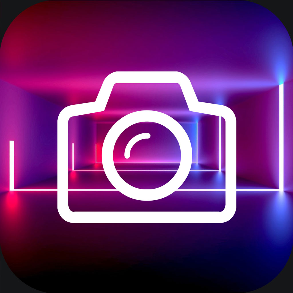 Neon camera icon on purple background