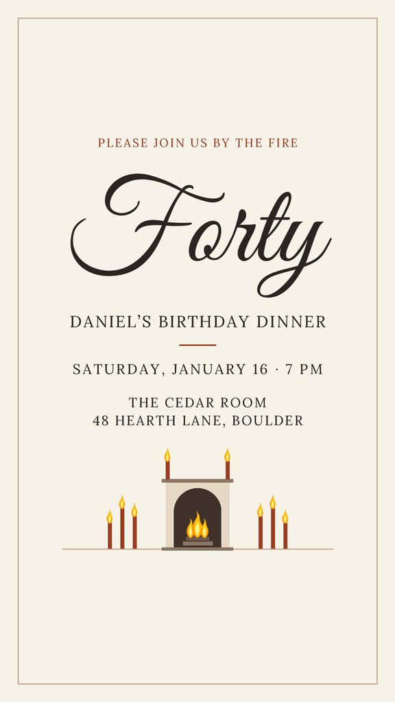 Portrait birthday invitation with the word Forty, candles, and a fireplace illustration.