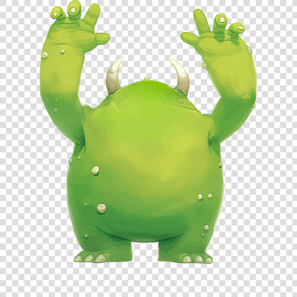A green cartoon monster with raised arms and horns