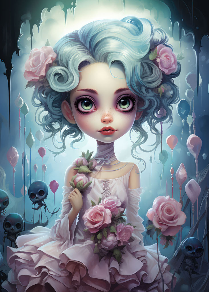 A cartoon girl with blue curly hair and pink roses in a dreamlike atmosphere.