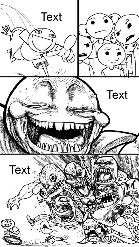 A black and white comic strip with four panels depicting a character's progression from joy to mayhem.