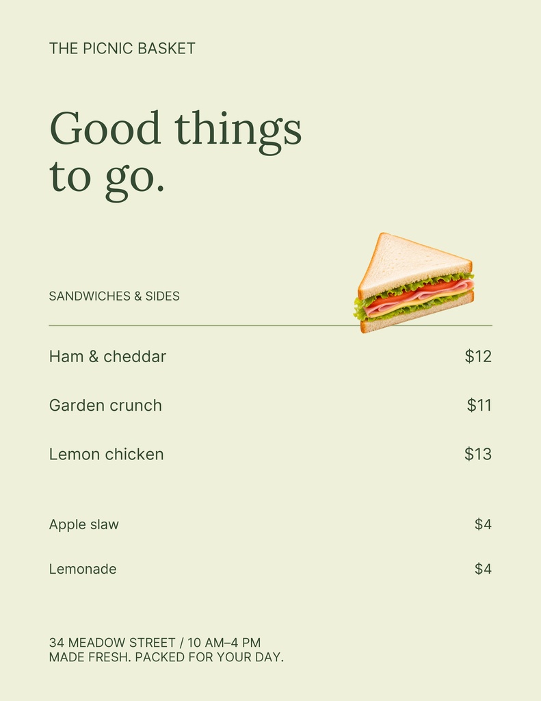 Preview for The Picnic Basket Letter Menu / Price List Template