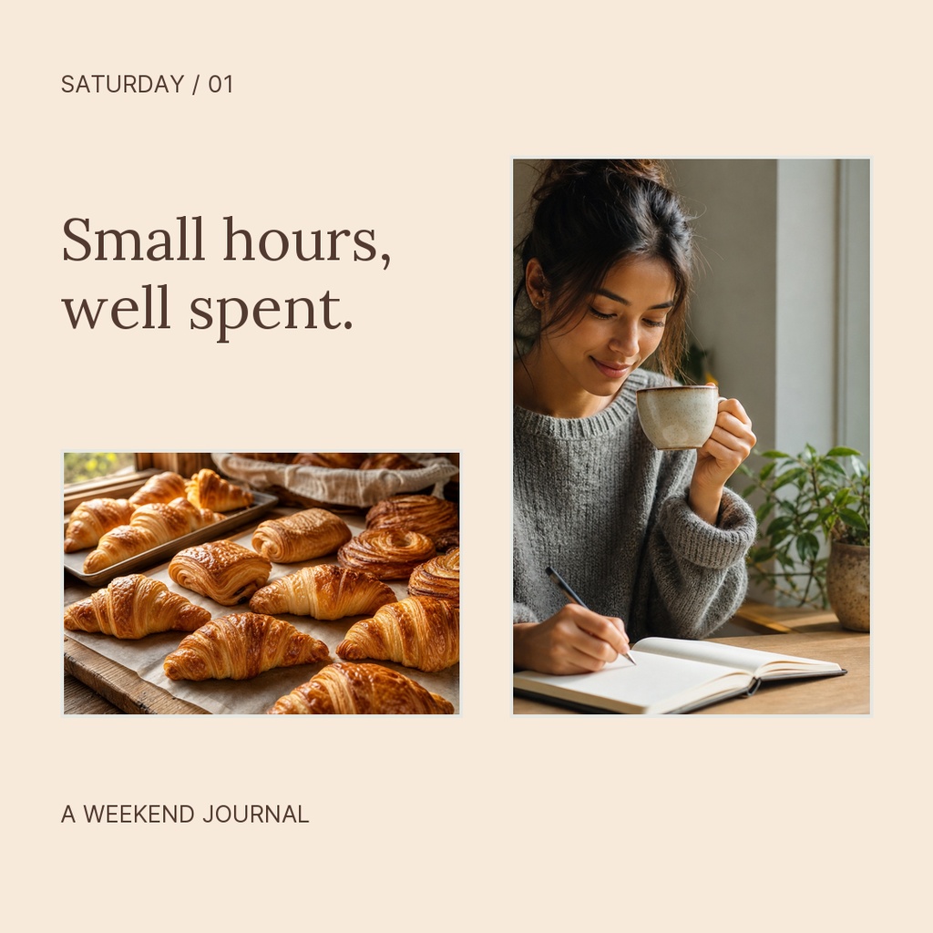 Square journal-style template with coffee, croissants, and a woman writing in a notebook