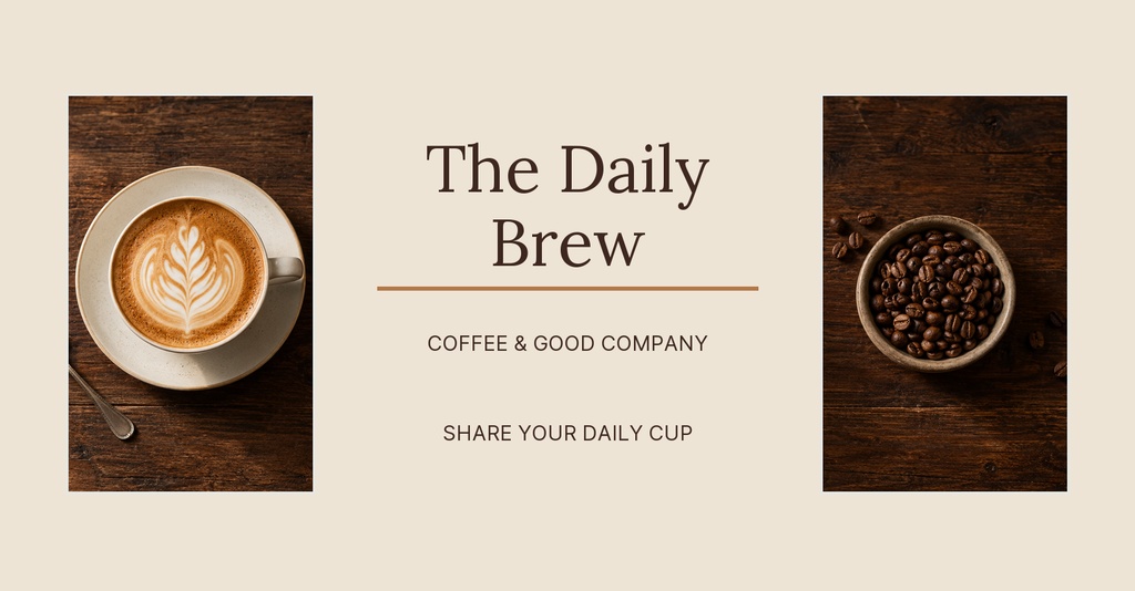 Coffee cup with latte art on the left, coffee beans in a bowl on the right, and The Daily Brew text in the center.