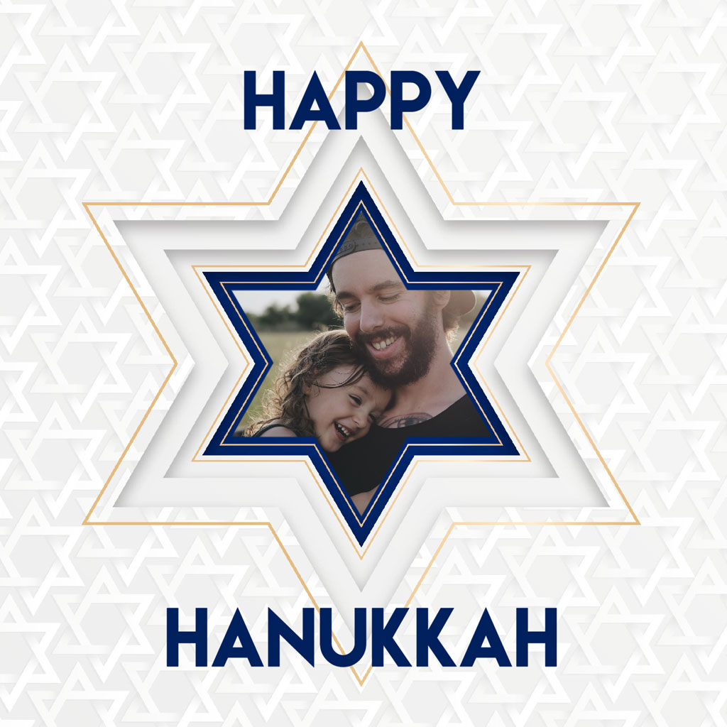 Happy Hanukkah greeting card with a couple's photo inside a Star of David