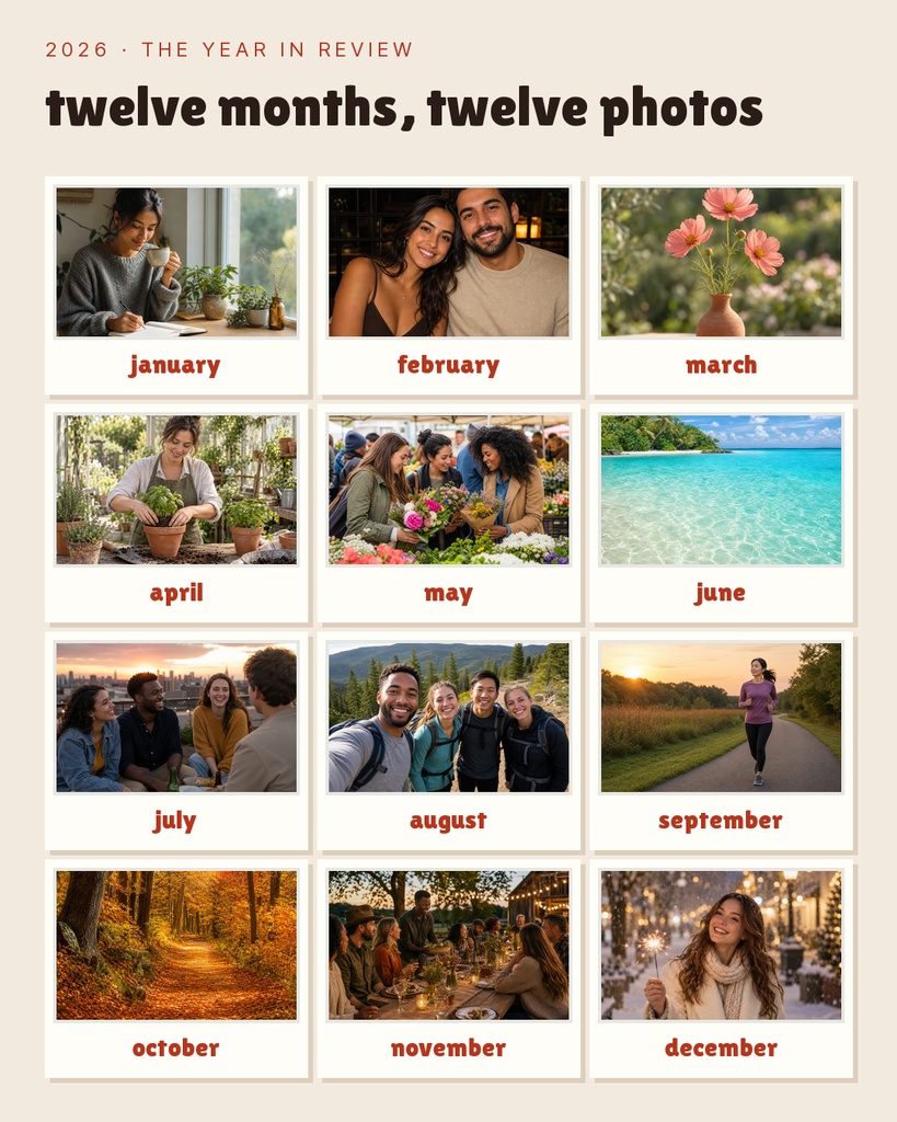 A twelve-photo year-in-review portrait template with monthly labels from January to December.