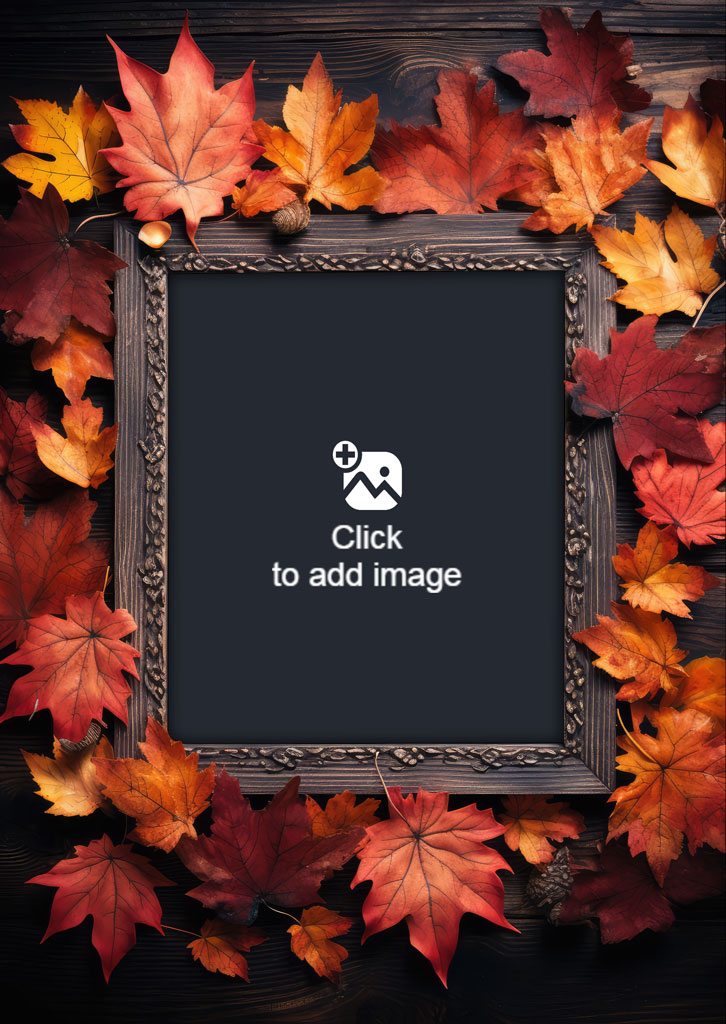 A dark wooden frame with autumn leaves around it