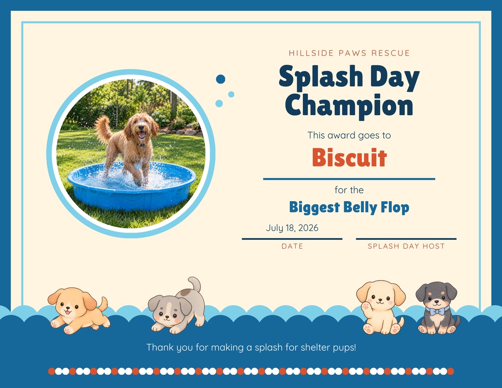 Preview for Splash Day For Shelter Pups Keepsake Certificate Template