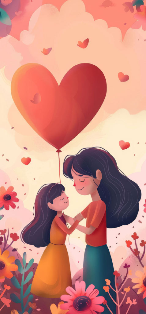 Cartoon mother and daughter holding hands with a heart-shaped balloon