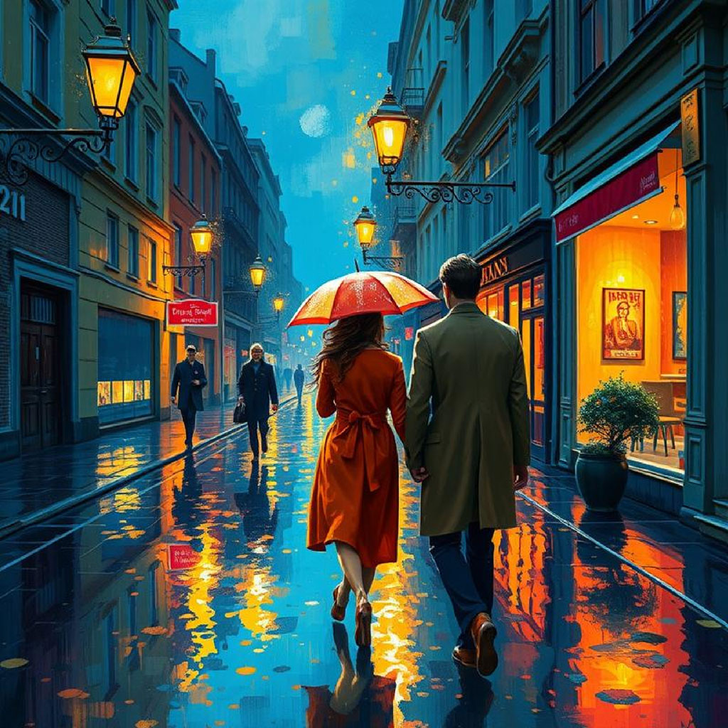 Couple walking on a rainy city street at night with a red umbrella