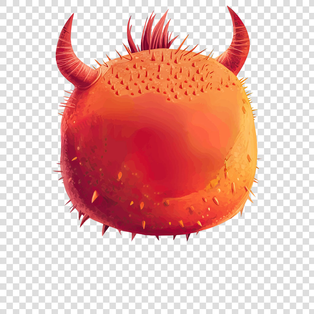 A red tardigrade with spiky protrusions and horns