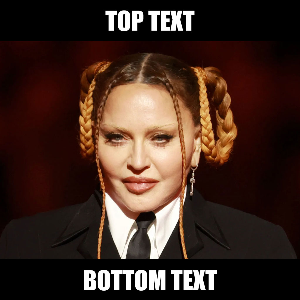 Madonna with braided hair buns and a serious expression