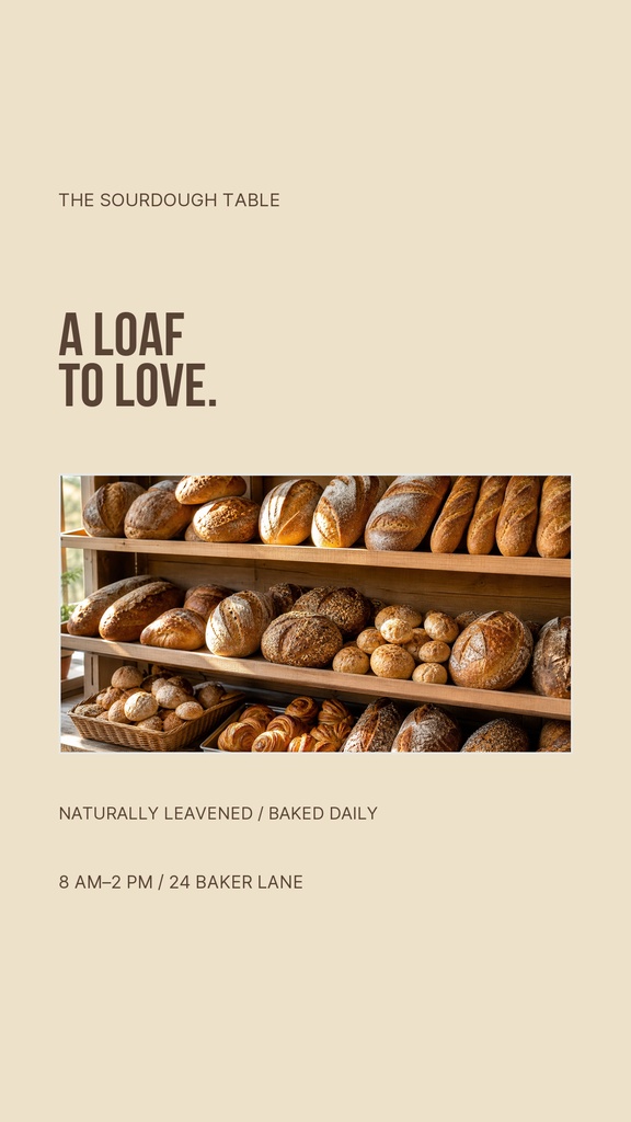 Beige Instagram story template featuring a bakery shelf of assorted loaves and the text The Sourdough Table.