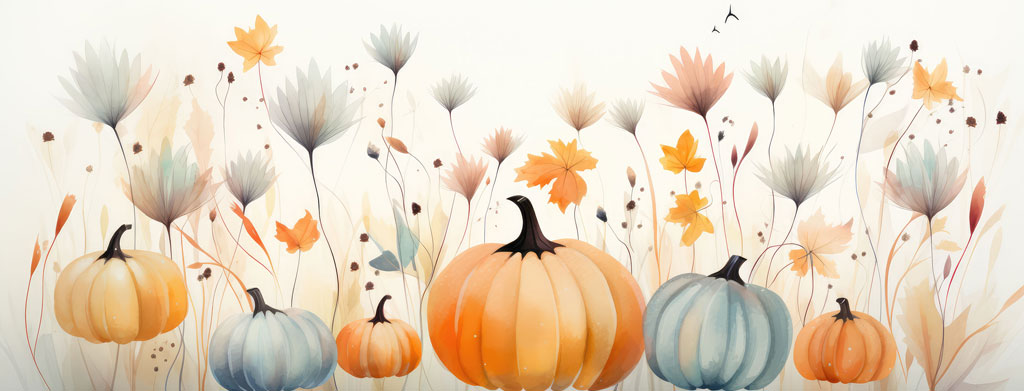 Watercolor illustration of orange, blue, and beige pumpkins surrounded by autumn flowers and leaves.