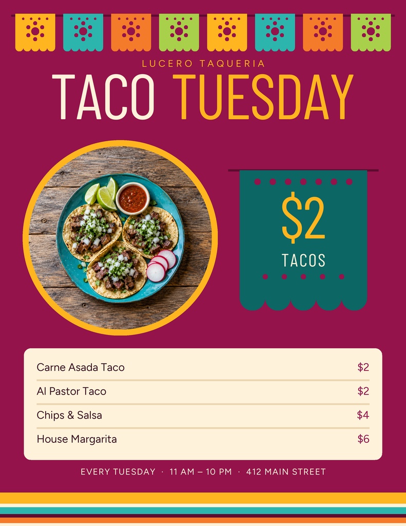 Portrait Taco Tuesday menu template with taco photo, special price tag, and price list.
