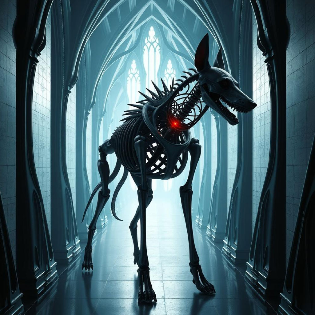 Cyborg woman with metallic body and wires in gothic architecture