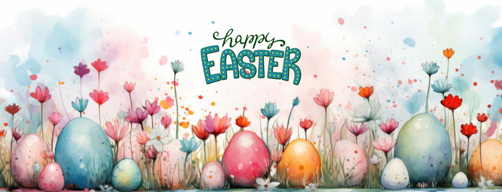 Happy Easter banner with colorful eggs and flowers