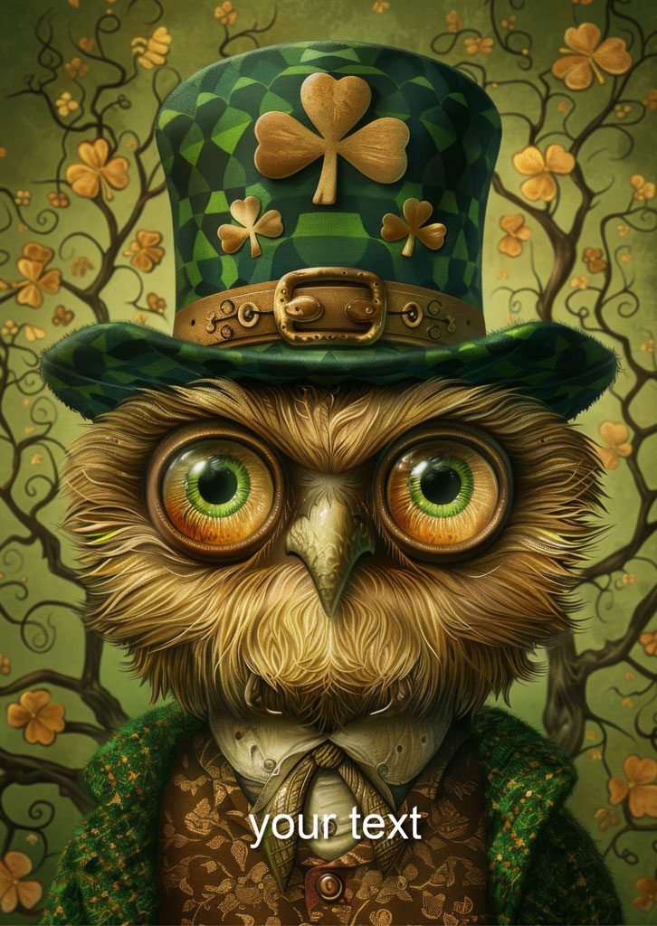 Illustration of an owl in a green top hat adorned with shamrocks