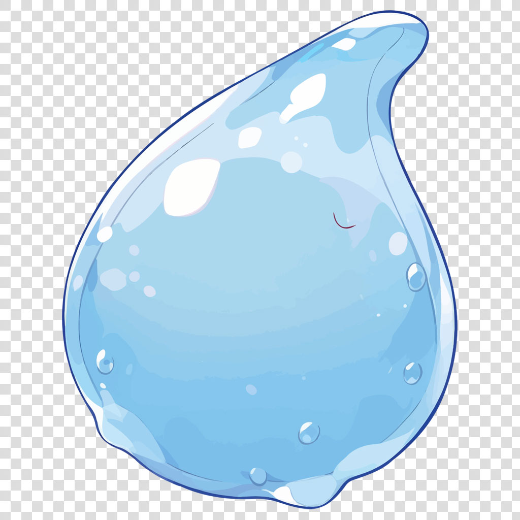 A blue water droplet with a smile and smaller droplets around it