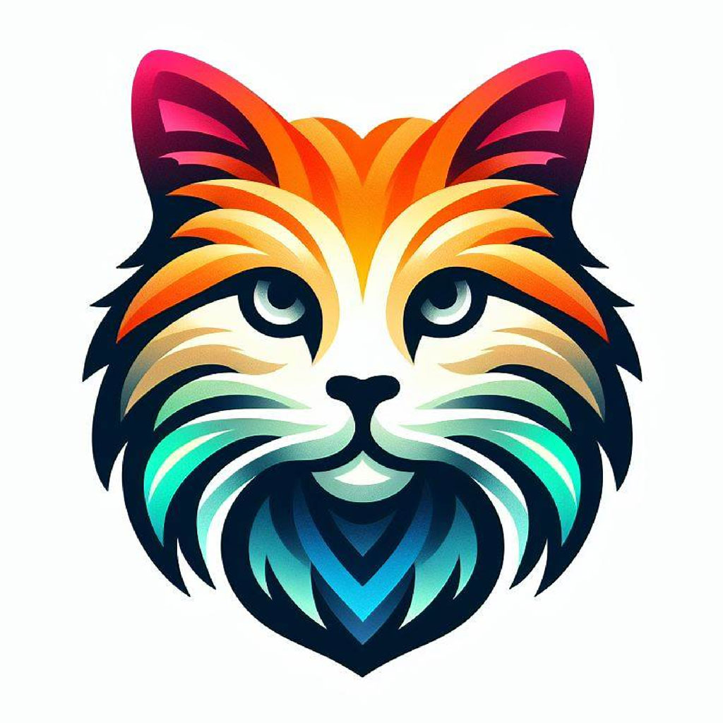 Multicolored cat face with orange eyes and yellow circle background