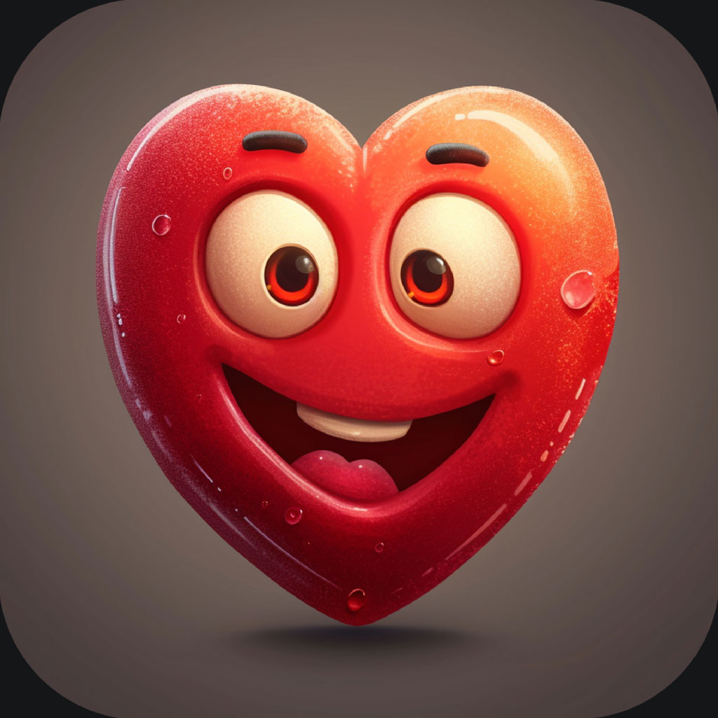 A 3D red heart with a smiling face and large eyes.