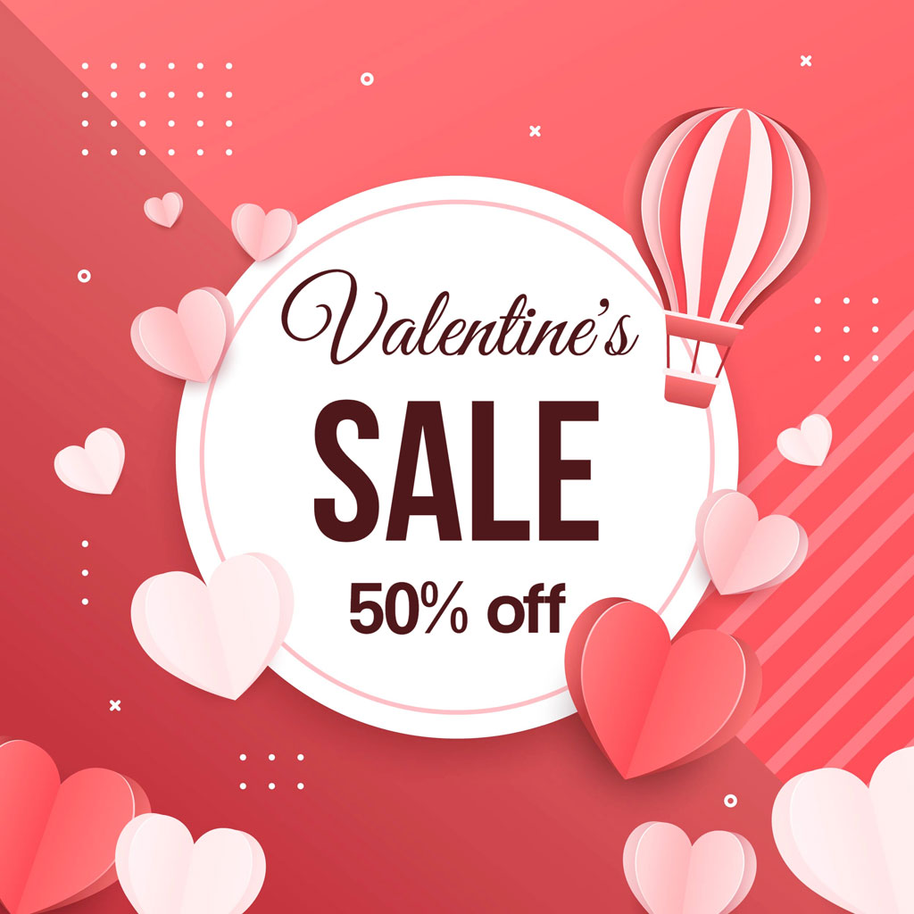 Valentine's Day sale banner with 50% off offer