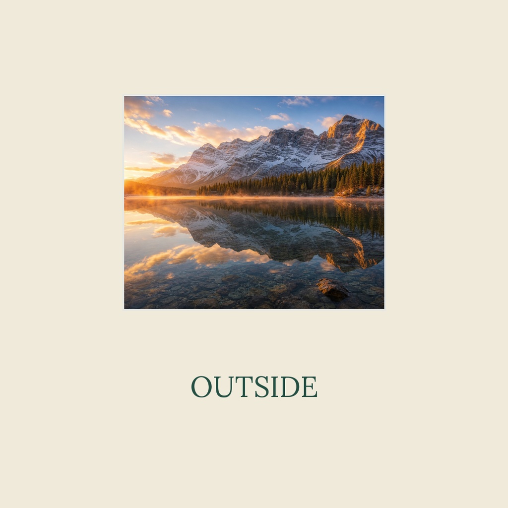 Square cover with mountain lake landscape and the word Outside below it.