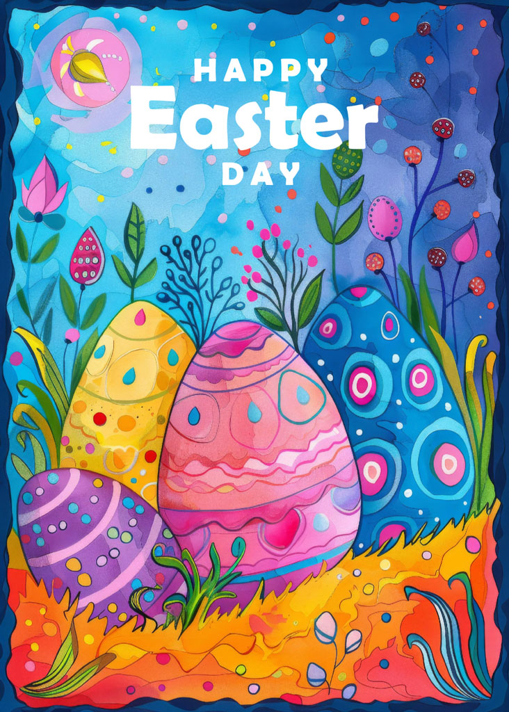 Colorful Easter eggs surrounded by flowers and foliage