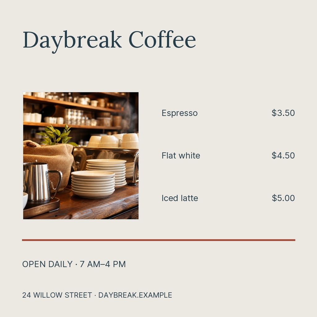 Square coffee shop menu post with drink prices, opening hours, and a coffee counter photo.