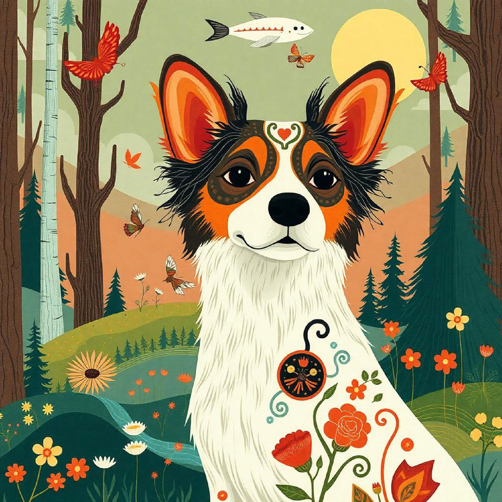 Woman walking along a winding path surrounded by birds and flowers