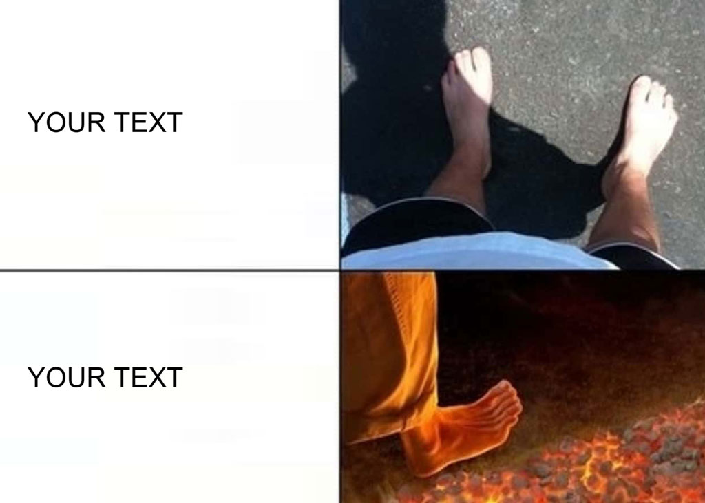 Split image of bare feet on pavement and near lava