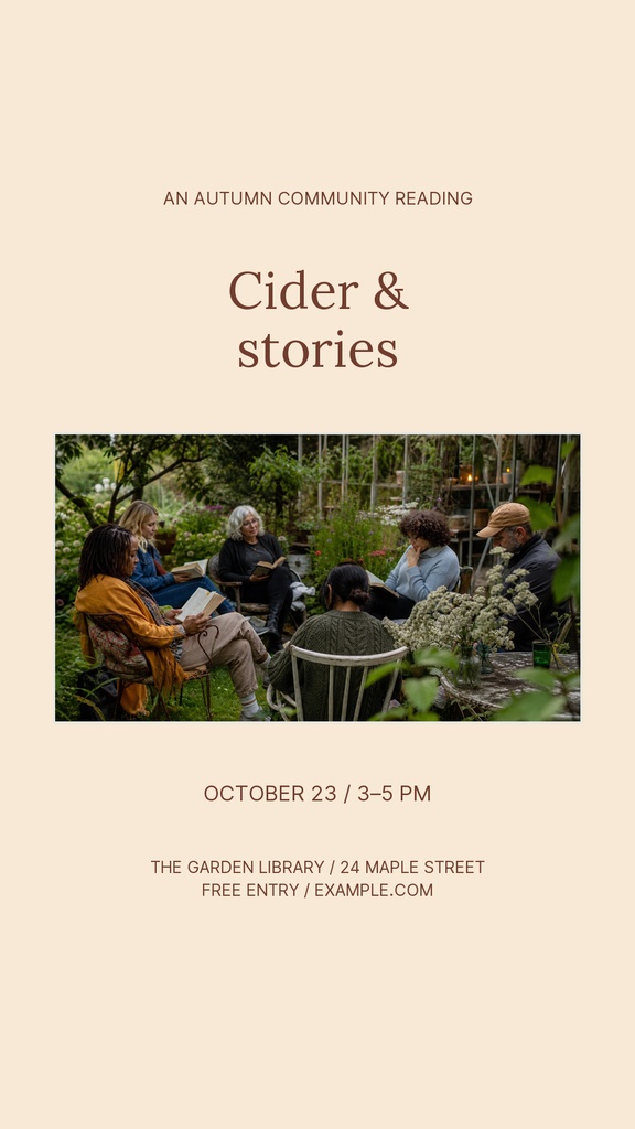 Minimal beige Instagram story with Cider & Stories title, autumn reading event details, and a garden photo.