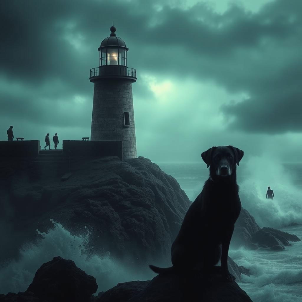 A person stands beside a lighthouse on a rocky cliff as waves crash below.